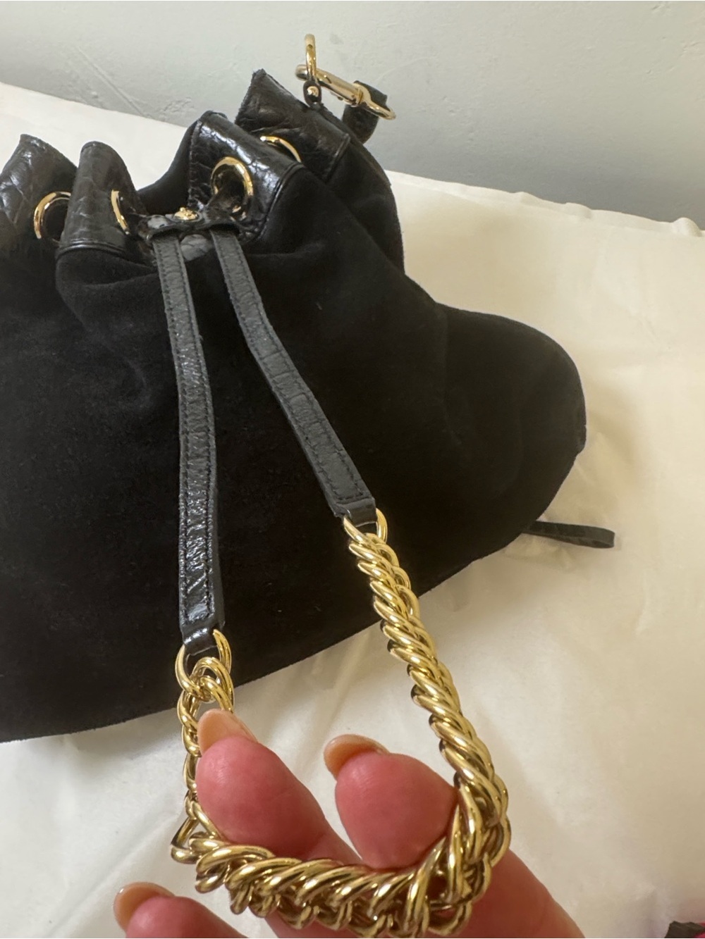 Cole Haan Black Suede Drawstring Shoulder Bag with Gold Hardware
